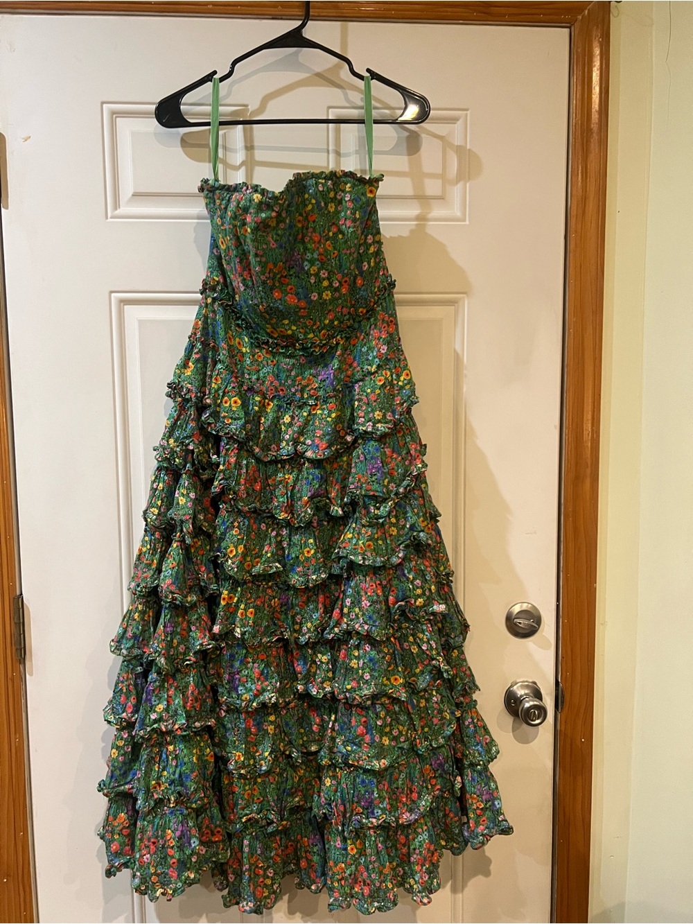Mac Duggal Green Strapless Floral Cotton Ruffle Tiered Midi Dress Size 6